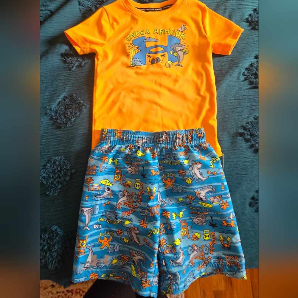 Under Armour Vibrant Orange Tee and Graphic Blue  Swim Shorts